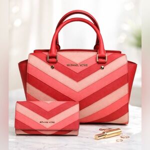 Michael Kors Selma Chevron Coral Satchel w/COA & Matching Wallet NWT